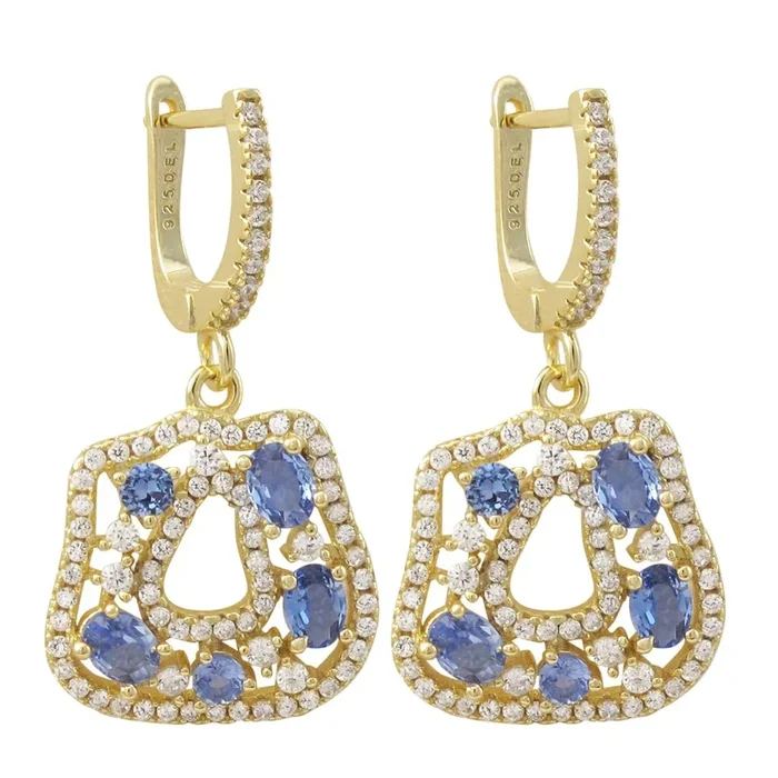 YELLOW GOLD PLATED STERLING SILVER AND CZ AQUA BLUE STONE EARRING