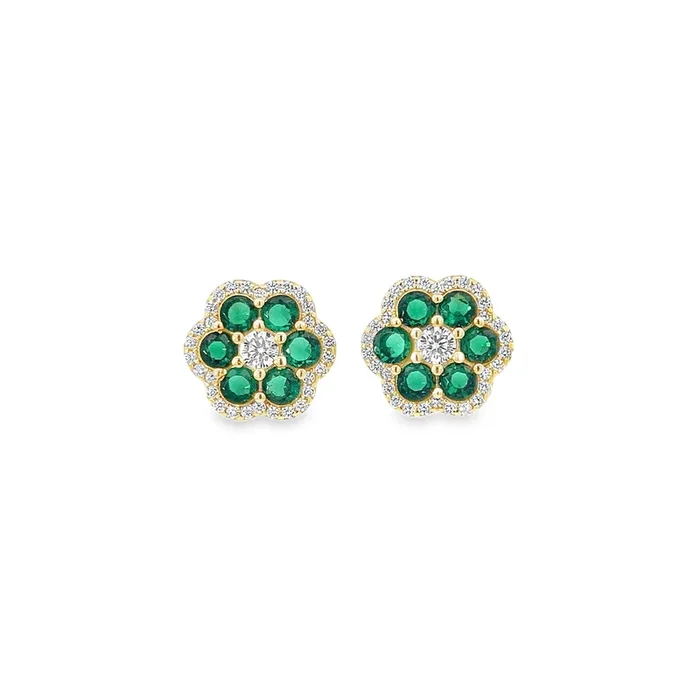 YELLOW GOLD PLATED STERLING SILVER FLOWER HALO STUD WITH GREEN COLORED FLOWER