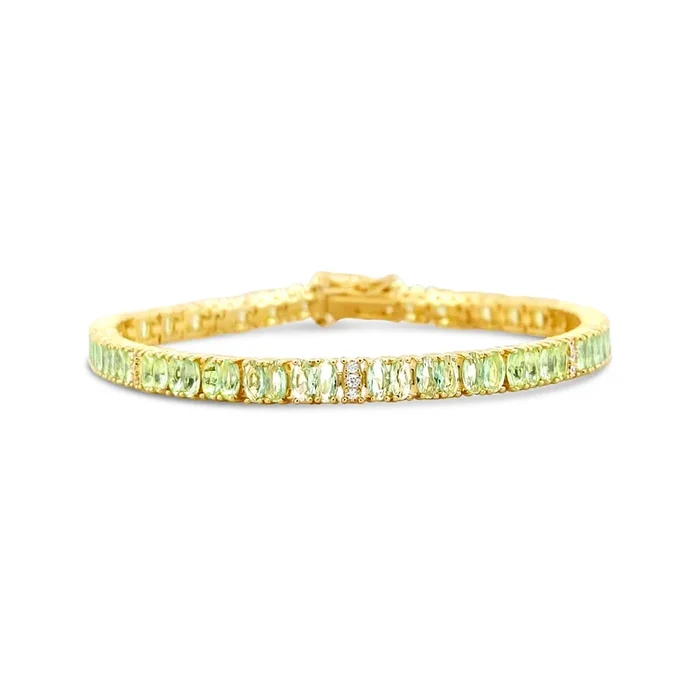 YELLOW GOLD PLATED STERLING SILVER LIGHT GREEN 4MM OVAL CZ TENNIS BRACELET