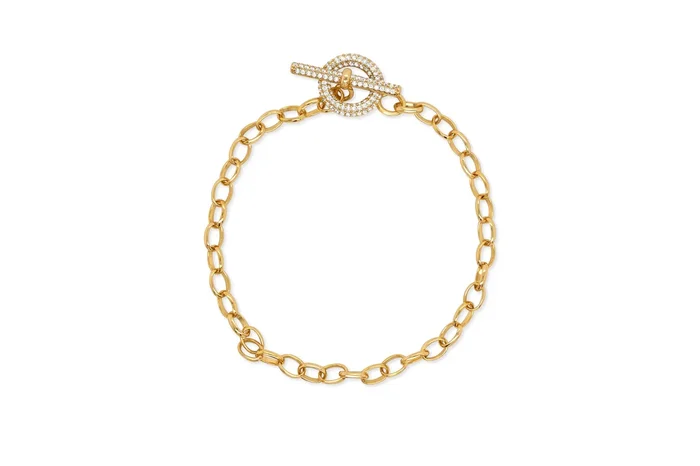 YELLOW GOLD PLATED STERLING SILVER LINK BRACELET WITH CZ TOGGLE CLASP