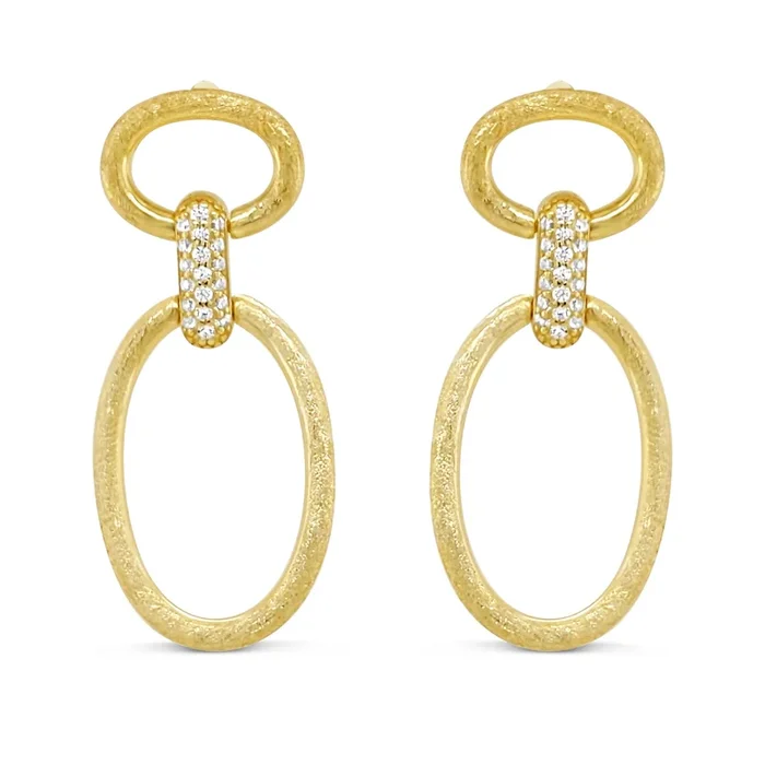 YELLOW PLATED STERLING SILVER CZ MATTE DOUBLE OVAL HANGING EARRING